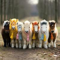 uma grupo do cavalos de pau forrado acima em uma campo foto