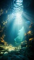 dramático embaixo da agua caverna com feixes do luz solar brilhando foto