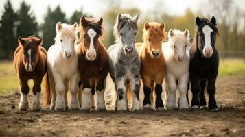 uma grupo do cavalos de pau forrado acima em uma campo foto