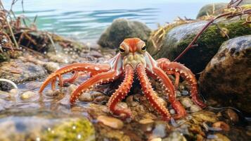 Enganoso polvo camuflado dentro a pedras e algas marinhas foto