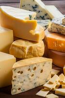 delicioso peças do queijo e delicioso queijo em de madeira quadro, ai imagem foto