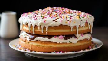 colorida funfetti bolo coberto com baunilha creme de manteiga e granulados foto