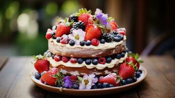 rústico bolo com fresco fruta e flores foto