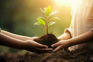 ai gerado mão crianças segurando jovem plantar com luz solar em verde natureza fundo. conceito eco terra dia foto