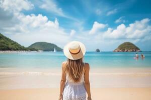 uma lindo fêmea turista em feriado em uma lindo praia, ai gerado foto