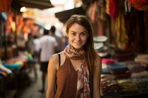 uma lindo fêmea turista explorando uma ocupado mercado, ai gerado foto