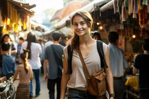 uma lindo fêmea turista explorando uma ocupado mercado, ai gerado foto