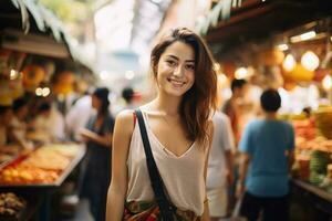 uma lindo fêmea turista explorando uma ocupado mercado, ai gerado foto