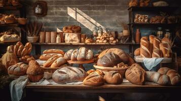 fresco pão dentro a mercado generativo ai, ai gerado foto