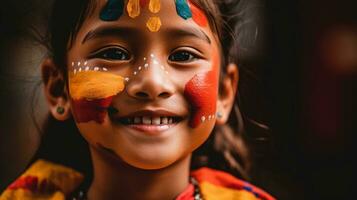 jovem menina com colorida pintado face generativo ai, ai gerado foto