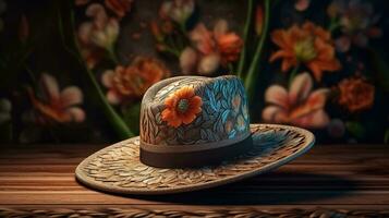 lindo floral chapéu em a mesa criada com ai foto