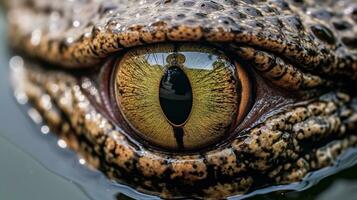 uma fechar-se tiro do uma Preto e branco crocodilo com Está aberto olhos generativo ai, ai gerado foto