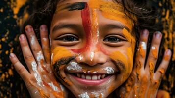 jovem menina com colorida pintado face generativo ai, ai gerado foto