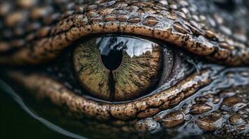 uma fechar-se tiro do uma Preto e branco crocodilo com Está aberto olhos generativo ai, ai gerado foto