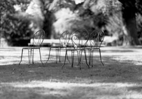 quatro cadeiras de metal em pé na grama para as pessoas relaxarem na floresta. foto