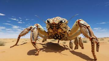 foto do uma deserto escorpião dentro uma deserto com azul céu. generativo ai