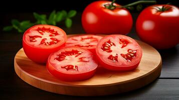 foto do tomates e fatia do tomate isolado em Preto fundo. generativo ai