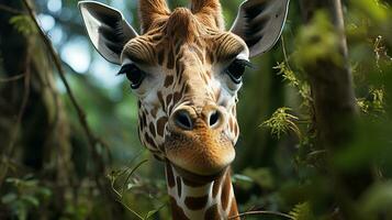 fechar-se foto do uma girafa olhando qualquer direção em selva. generativo ai