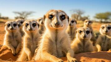 foto do uma rebanho do meerkat em repouso dentro a aberto área em a savana. generativo ai