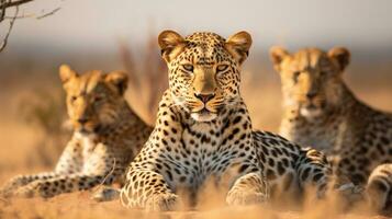 foto do uma rebanho do africano leopardo em repouso dentro a aberto área em a savana. generativo ai