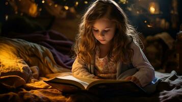 pequeno menina lendo uma livro dentro a biblioteca com outono folhas por aí dela. generativo ai foto