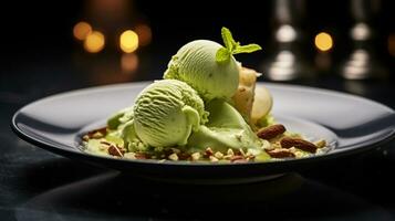 foto do pistache sorvete Como uma prato dentro uma sofisticado restaurante. generativo ai