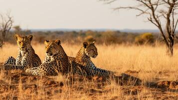 foto do uma rebanho do leopardo em repouso dentro a aberto área em a savana. generativo ai