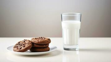 foto do uma vidro do leite com chocolate biscoitos em uma minimalista mesa