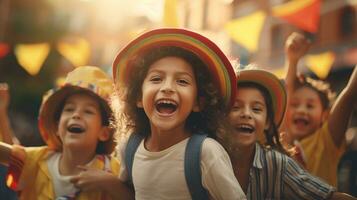 feliz crianças comemora dia de la raza. generativo ai foto