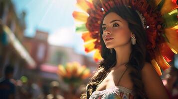 lindo menina dentro dia de la raiar festival. generativo ai foto