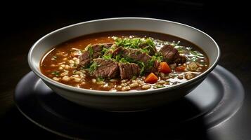 foto do carne e cevada sopa Como uma prato dentro uma sofisticado restaurante. generativo ai