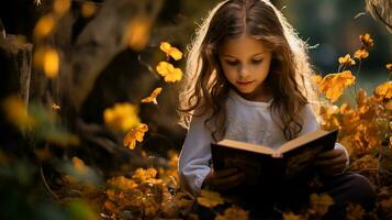 pequeno menina lendo uma livro dentro a biblioteca com outono folhas por aí dela. generativo ai foto