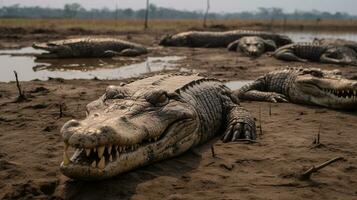 foto do uma rebanho do Nilo crocodilo em repouso dentro a aberto área em a savana. generativo ai