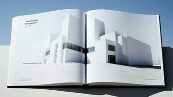 aberto revista com moderno e minimalista construção e azul céu. 3d Renderização. foto
