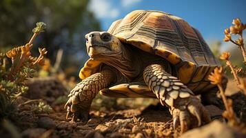 fechar-se foto do uma deserto tartaruga olhando qualquer direção dentro a deserto. generativo ai