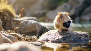 fechar-se foto do uma hamster olhando dentro seus habitat. generativo ai