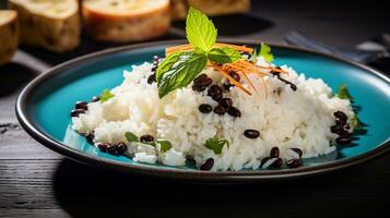 foto do coco arroz e Preto feijões Como uma prato dentro uma sofisticado restaurante. generativo ai