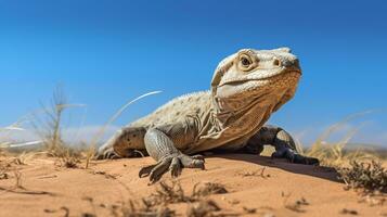 foto do uma deserto monitor lagarto dentro uma deserto com azul céu. generativo ai