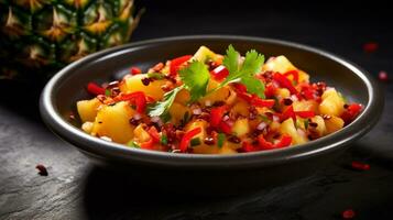 foto do abacaxi e Pimenta salsa Como uma prato dentro uma sofisticado restaurante. generativo ai