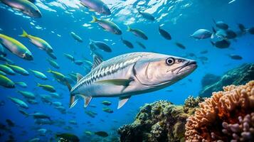 foto do barracuda com vários peixe entre saudável coral recifes dentro a azul oceano. generativo ai