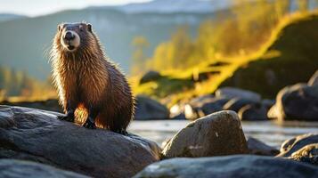 fechar-se foto do uma marmota olhando dentro seus habitat. generativo ai