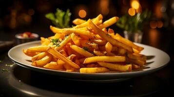 foto do francês fritas Como uma prato dentro uma sofisticado restaurante. generativo ai