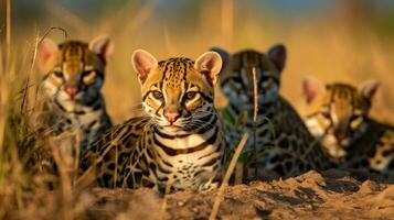 foto do uma rebanho do Jaguatirica em repouso dentro a aberto área em a savana. generativo ai