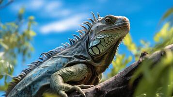 foto do iguana dentro ther floresta com azul céu. generativo ai