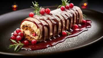 foto do buche de noel Como uma prato dentro uma sofisticado restaurante. generativo ai