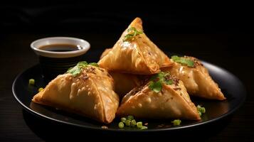 foto do samosa Como uma prato dentro uma sofisticado restaurante. generativo ai