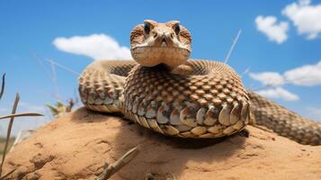 foto do uma sidewinder cascavel dentro uma deserto com azul céu. generativo ai