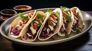 foto do grelhado peixe tacos Como uma prato dentro uma sofisticado restaurante. generativo ai