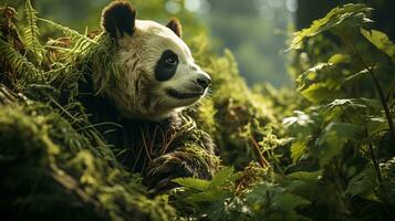 fechar-se foto do uma panda olhando qualquer direção em selva. generativo ai