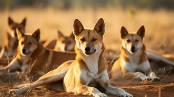 foto do uma rebanho do dingo em repouso dentro a aberto área em a savana. generativo ai